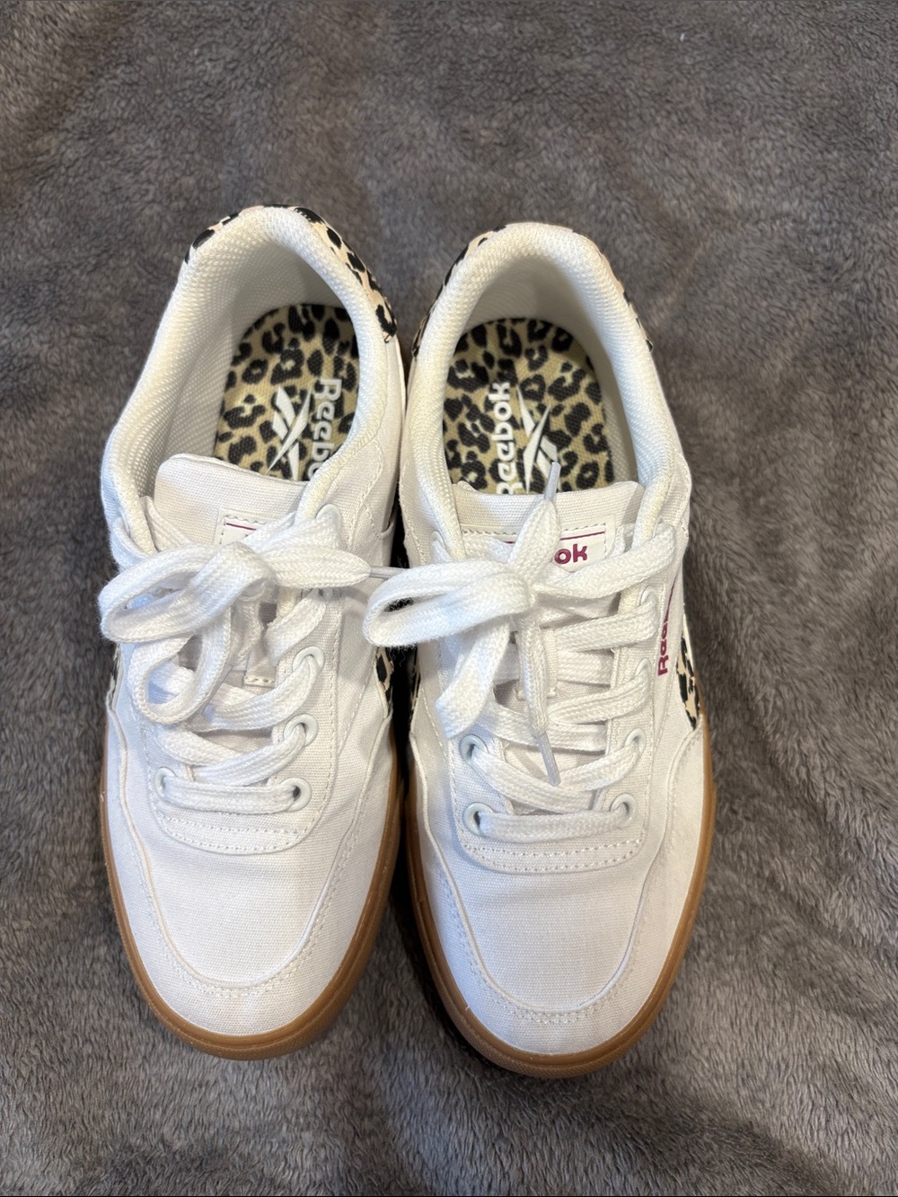 Reebok Women's White Sneakers with Leopard Accent and Gum Outsole